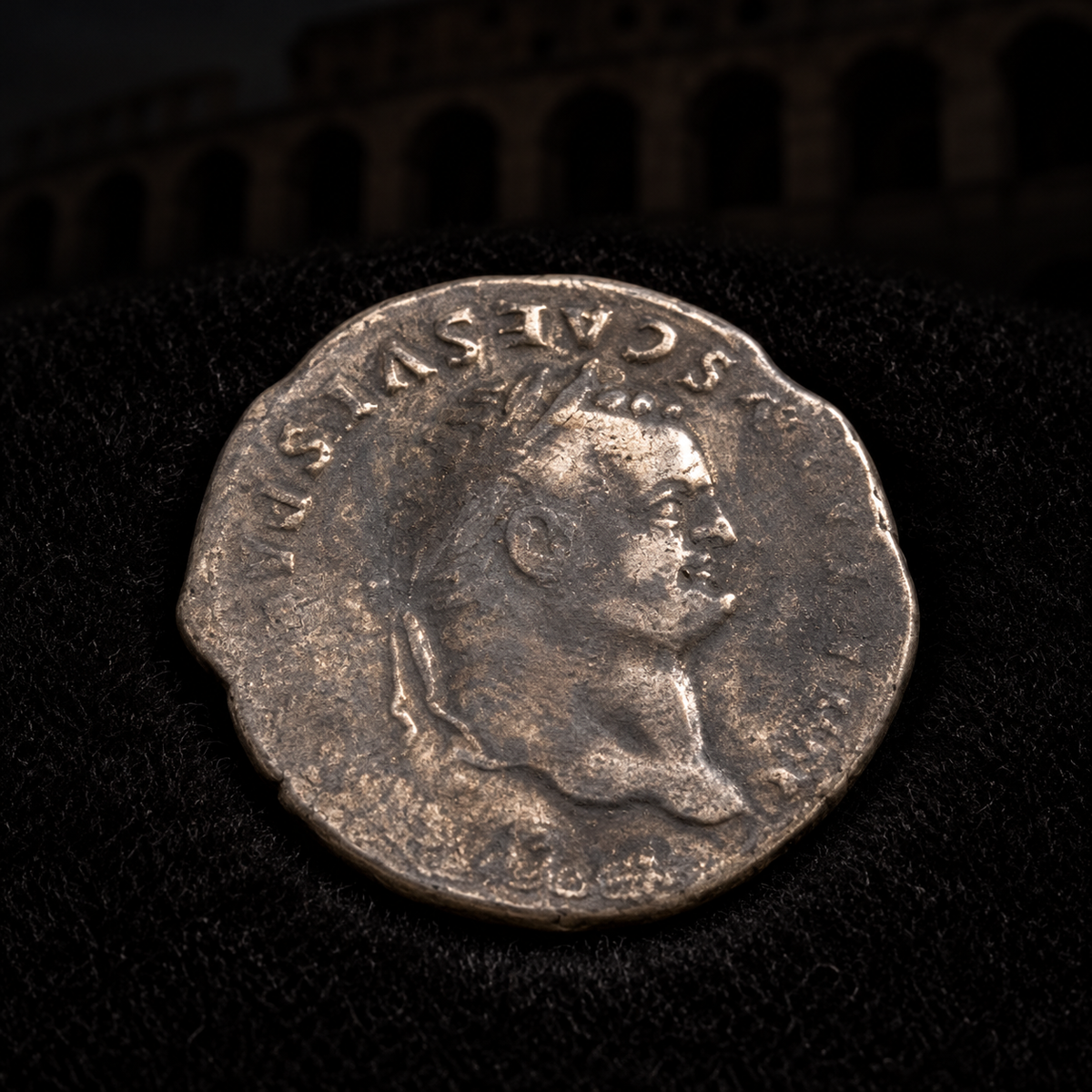 Representative coin obverse resting on black velvet with an illustrative historical background — Titus Ancient Roman Silver Denarius — Emperor Who Opened the Colosseum (AD 79–81) — NGC Certified