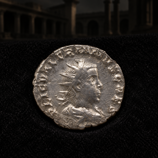 Representative coin obverse resting on black velvet with an illustrative historical background — Valerian II Ancient Roman Silver Antoninianus — Son of Gallienus & Caesar (AD 256–258) — NGC Certified