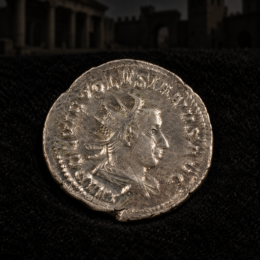 Representative coin obverse resting on black velvet with an illustrative historical background — Volusian Ancient Roman Silver Antoninianus — Son of Trebonianus Gallus (AD 251–253) — NGC Certified
