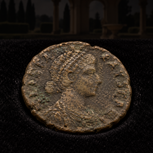 Representative coin obverse resting on black velvet with an illustrative historical background — Empress Fausta Ancient Roman Bronze Coin — Constantine's Mysterious Wife (c. AD 326)