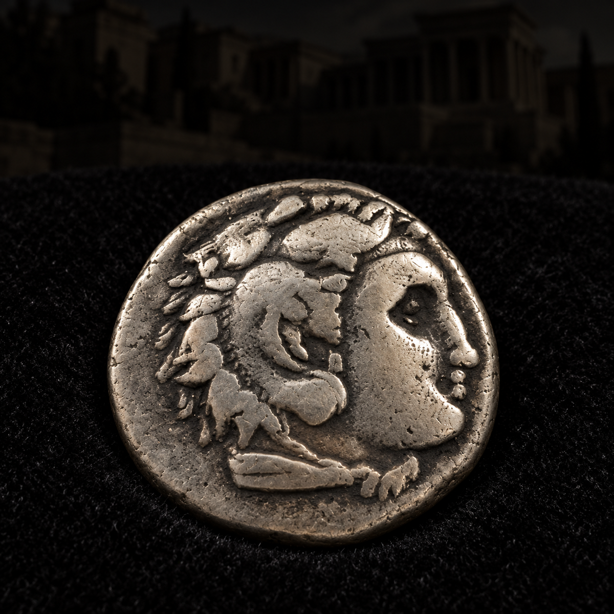 Representative coin obverse resting on black velvet with an illustrative Hellenistic background — Alexander the Great Silver Drachm — NGC