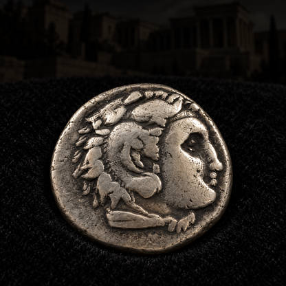 Representative coin obverse resting on black velvet with an illustrative Hellenistic background — Alexander the Great Silver Drachm — NGC