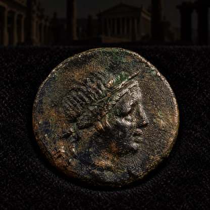 Representative coin obverse resting on black velvet with an illustrative Hellenistic background — Amisos Bronze — Artemis under Mithradates VI — NGC