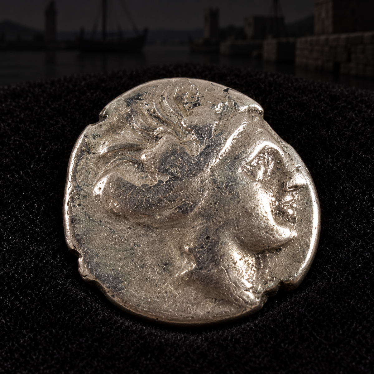Representative coin obverse resting on black velvet with an illustrative Hellenistic background — Histiaea Silver Tetrobol — NGC