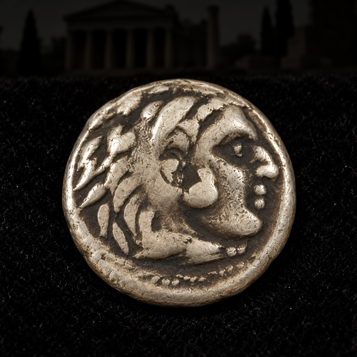 Representative coin obverse resting on black velvet with an illustrative Hellenistic background — Philip III Arrhidaeus Silver Drachm — NGC