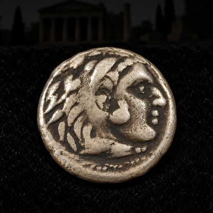 Representative coin obverse resting on black velvet with an illustrative Hellenistic background — Philip III Arrhidaeus Silver Drachm — NGC