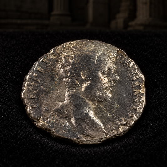 Styled coin preview on black velvet with an illustrative historical background — Clodius Albinus Silver Denarius — NGC