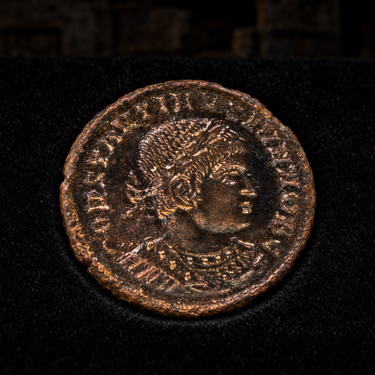 Styled coin preview on black velvet with an illustrative historical background — Constantine II Bronze Coin — Epfig Hoard — NGC