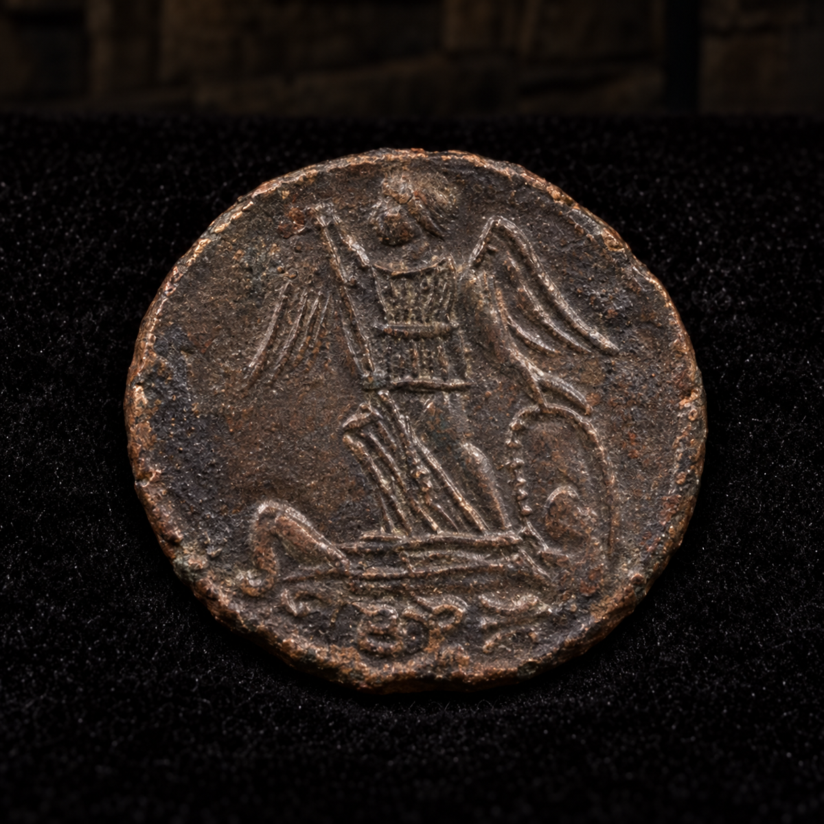 Styled coin preview on black velvet with an illustrative historical background — Constantinopolis Commemorative Bronze — Epfig Hoard — NGC