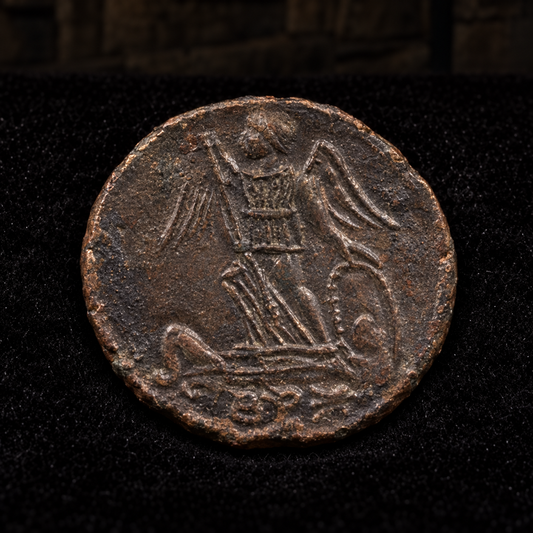 Styled coin preview on black velvet with an illustrative historical background — Constantinopolis Commemorative Bronze — Epfig Hoard — NGC
