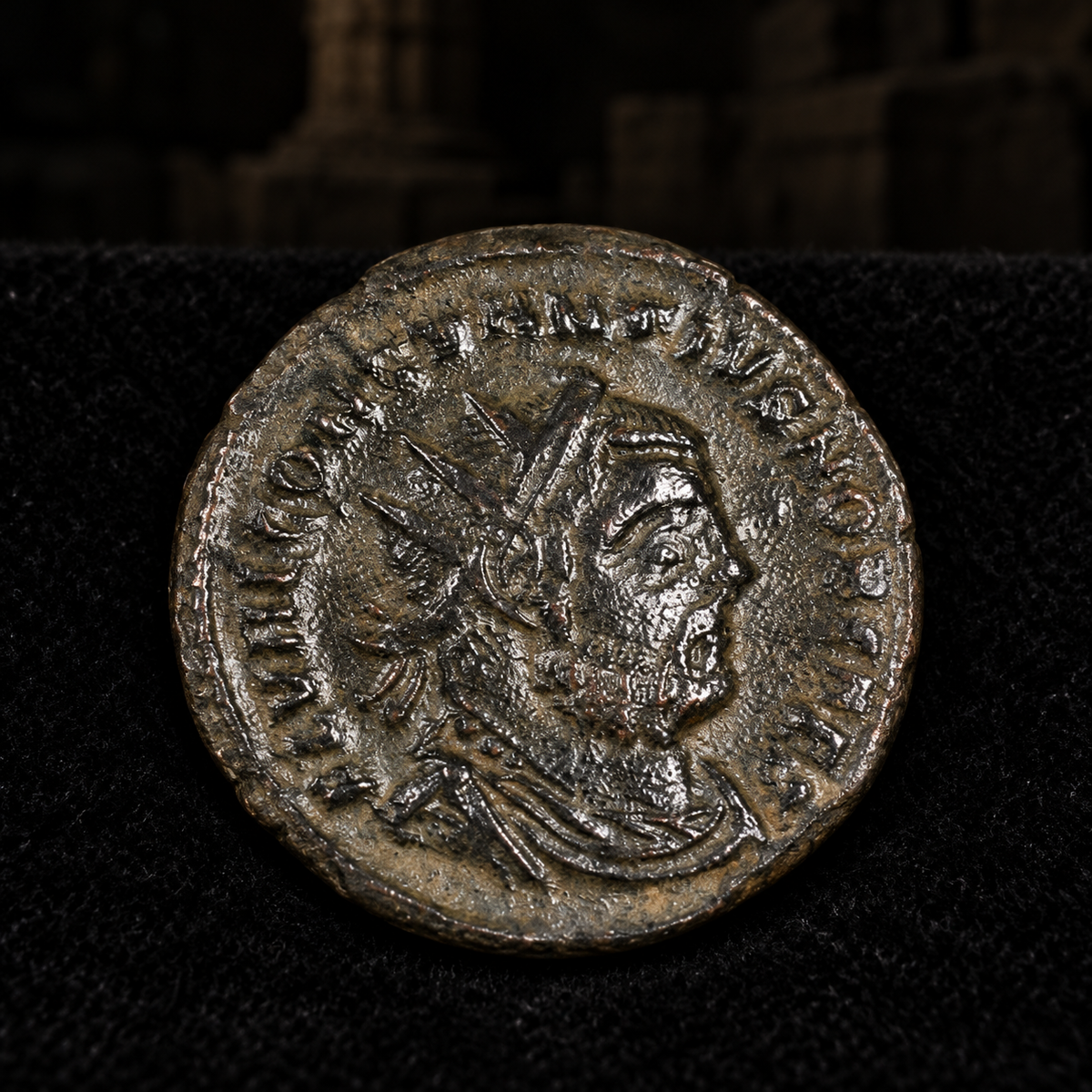 Styled coin preview on black velvet with an illustrative historical background — Constantius I Antoninianus — NGC Certified