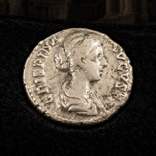 Styled coin preview on black velvet with an illustrative historical background — Crispina Silver Denarius — NGC