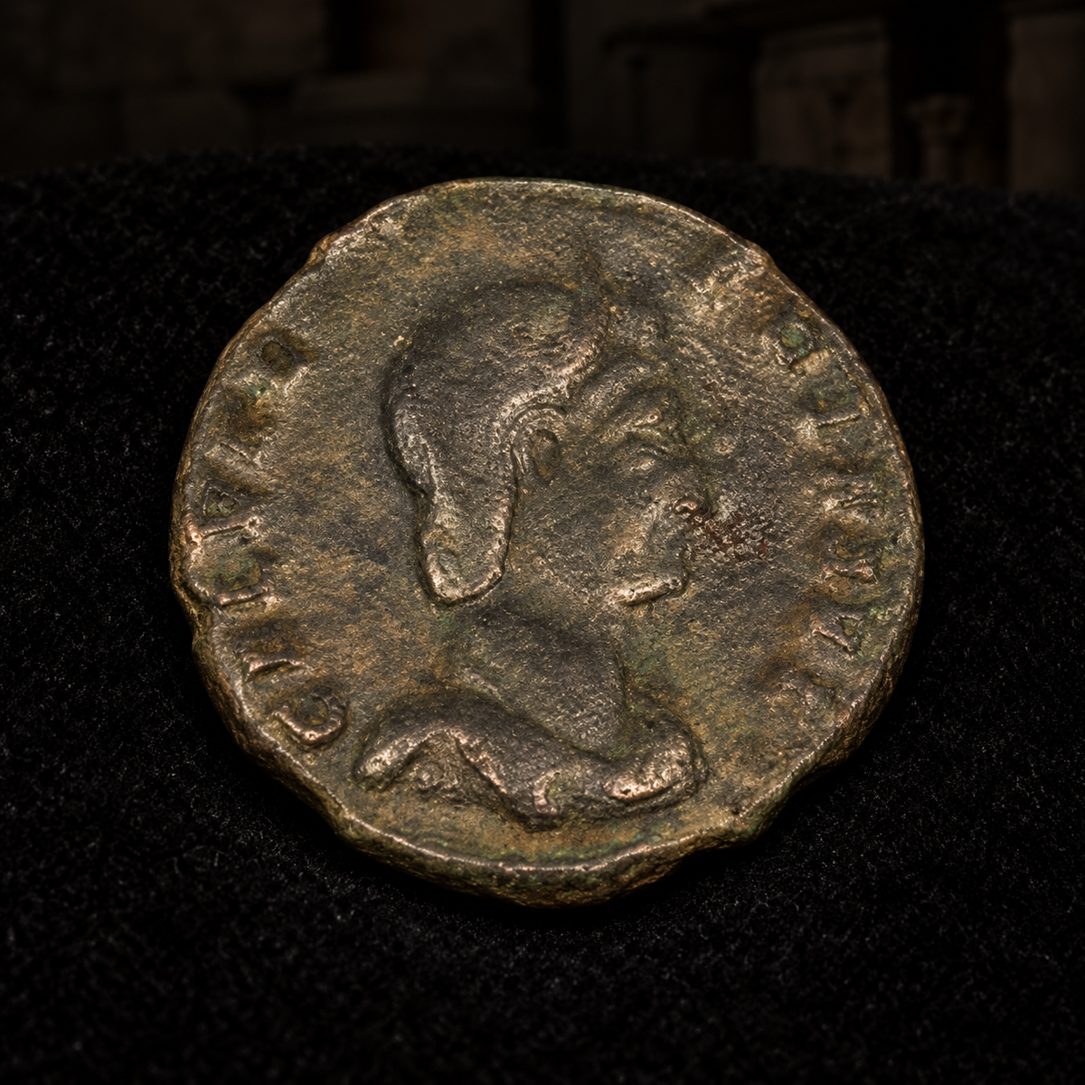 Styled coin preview on black velvet with an illustrative historical background — Galeria Valeria Roman Bronze AE1/2 — NGC