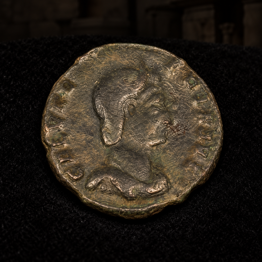 Styled coin preview on black velvet with an illustrative historical background — Galeria Valeria Roman Bronze AE1/2 — NGC