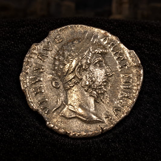 Styled coin preview on black velvet with an illustrative historical background — Lucius Verus Silver Denarius — NGC Certified