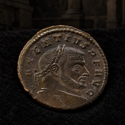 Styled coin preview on black velvet with an illustrative historical background — Maxentius Roman Bronze AE2 — NGC