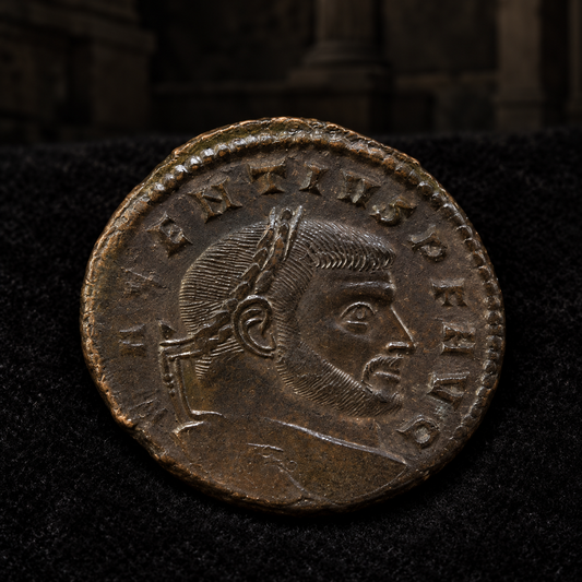 Styled coin preview on black velvet with an illustrative historical background — Maxentius Roman Bronze AE2 — NGC
