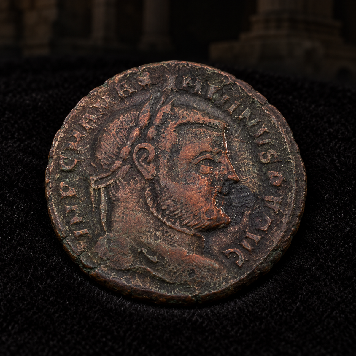 Styled coin preview on black velvet with an illustrative historical background — Maximian Quarter Nummus — NGC Certified