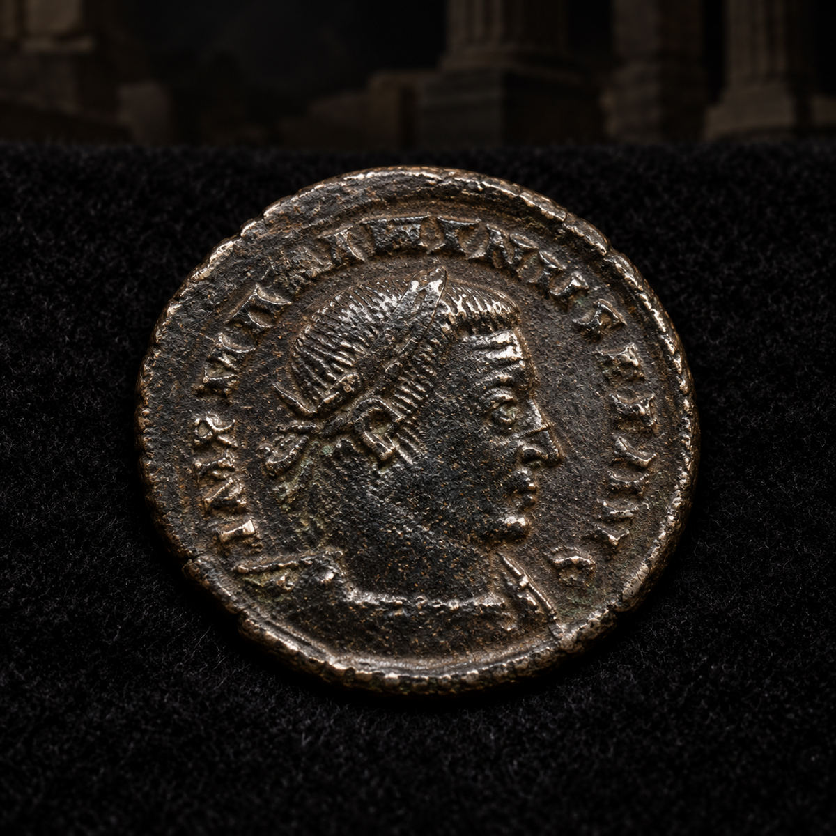 Styled coin preview on black velvet with an illustrative historical background — Maximinus II Daza Bronze — London Mint — NGC