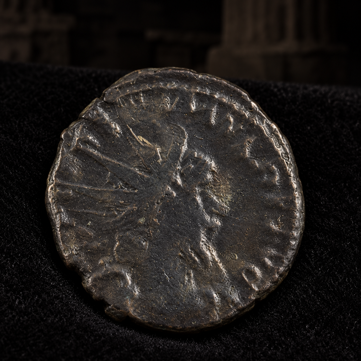 Styled coin preview on black velvet with an illustrative historical background — Postumus Antoninianus — South Petherton Hoard — NGC