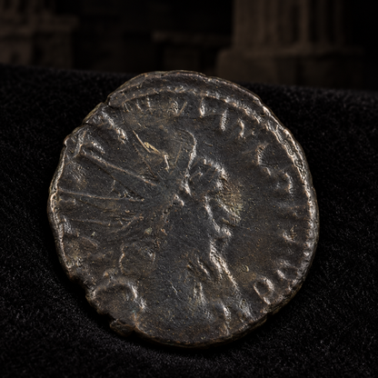 Styled coin preview on black velvet with an illustrative historical background — Postumus Antoninianus — South Petherton Hoard — NGC