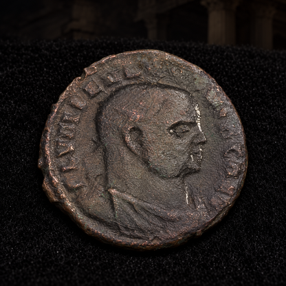 Representative coin resting on black velvet with an illustrative historical background — Severus II Roman Bronze AE3 — NGC