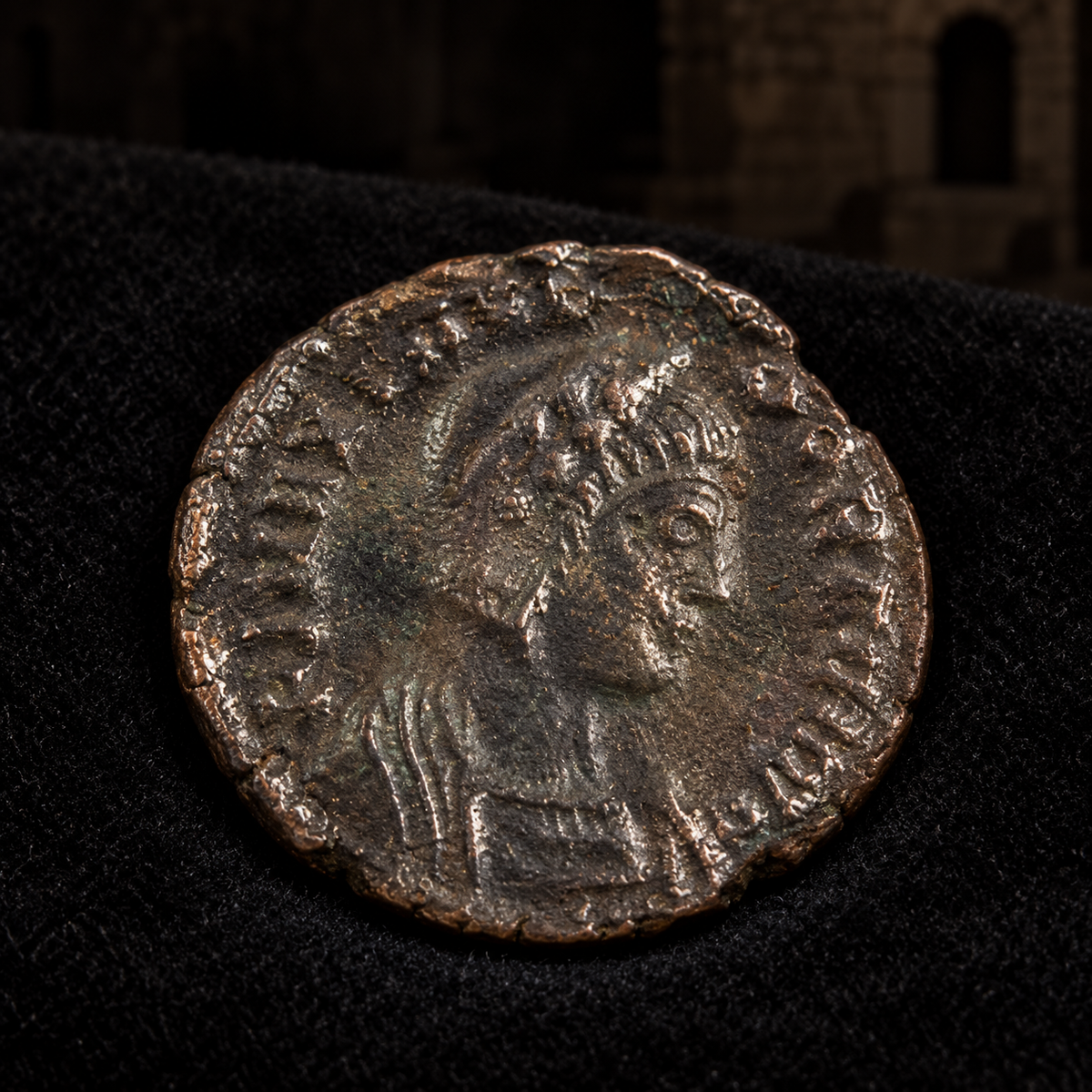 Styled coin preview on black velvet with an illustrative historical background — Theodora Roman Bronze — Epfig Hoard — NGC