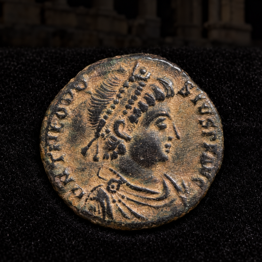 Styled coin preview on black velvet with an illustrative historical background — Theodosius I Roman Bronze AE3 — NGC
