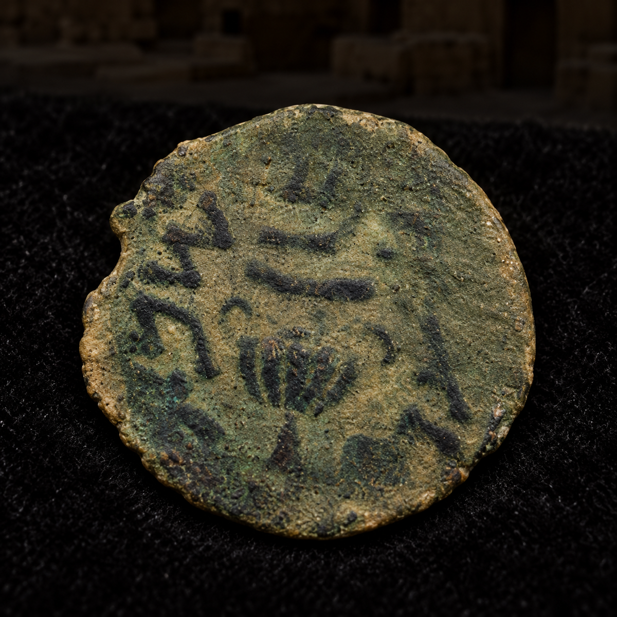 Styled coin preview on black velvet with an illustrative historical background — Judaean Rebel Bronze Coin — Masada — NGC