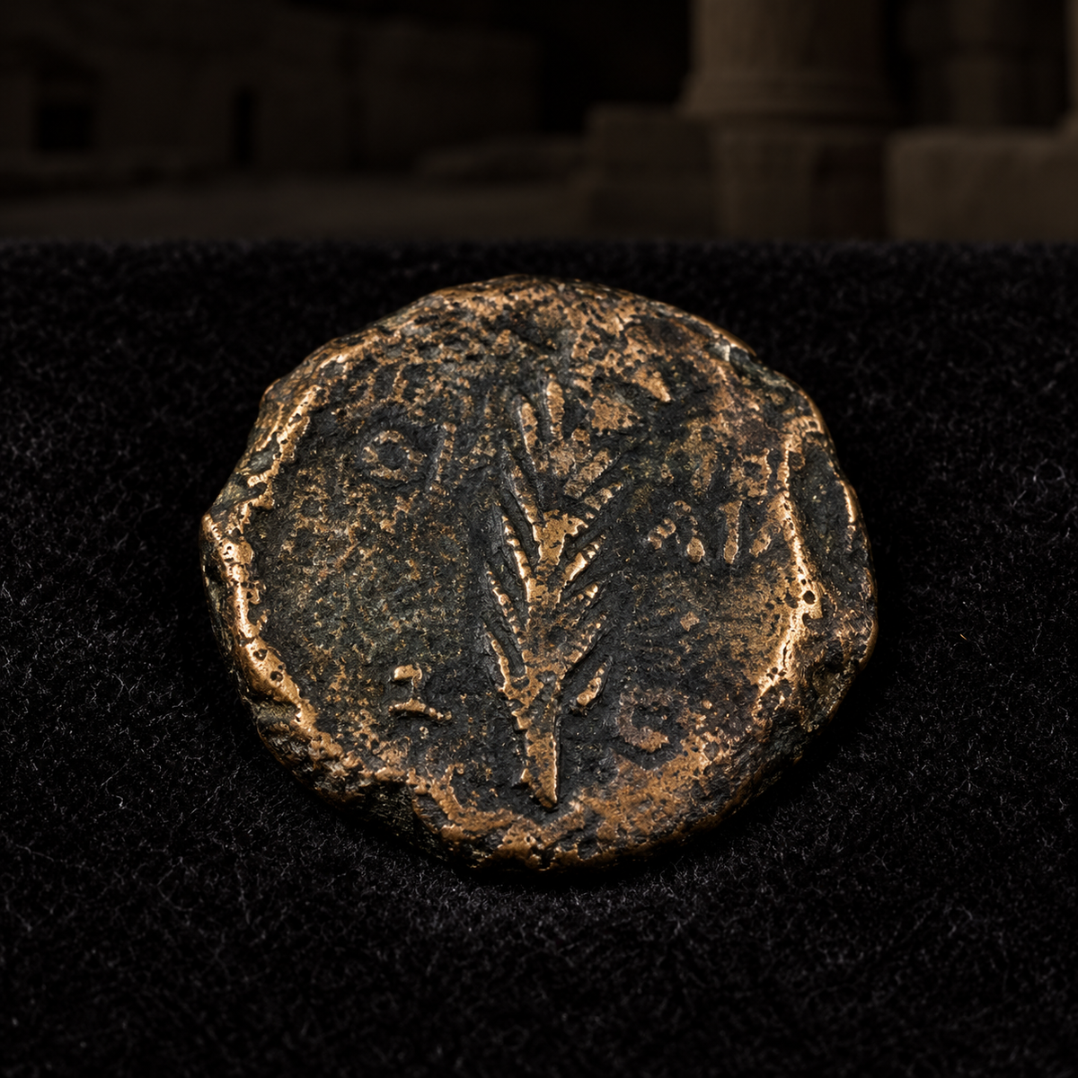 Styled coin preview on black velvet with an illustrative historical background — Valerius Gratus Judaean Bronze Prutah — NGC