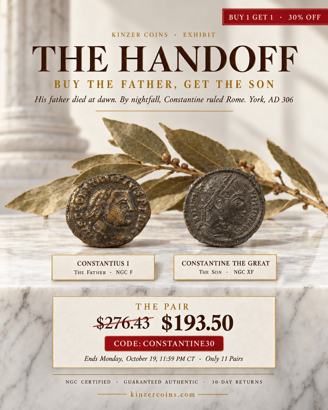 Buy 1 Get 1: Buy the Father, Get the Son, Constantius I F and Constantine the Great XF (NGC Pair) - Kinzer Coins
