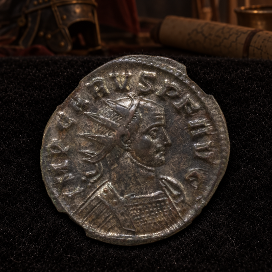 Representative carus coin obverse on black velvet with an illustrative Roman historical background