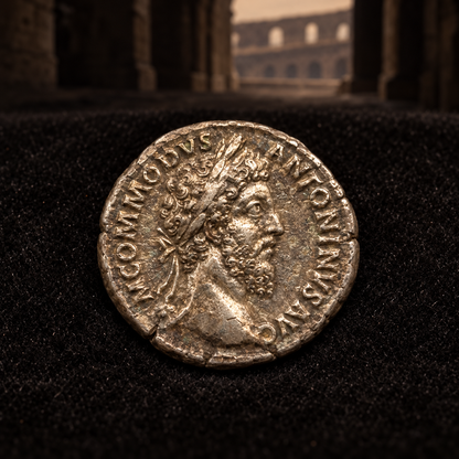 Representative commodus coin obverse on black velvet with an illustrative Roman historical background