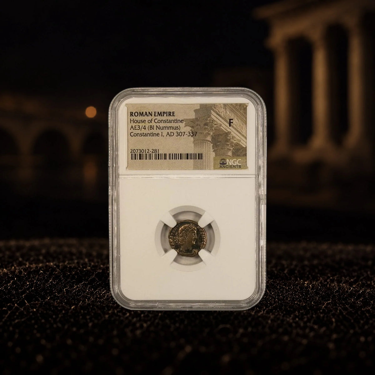 Constantine the Great Roman bronze coin (AD 306–337), NGC F grade variant — representative product photograph, Kinzer Coins