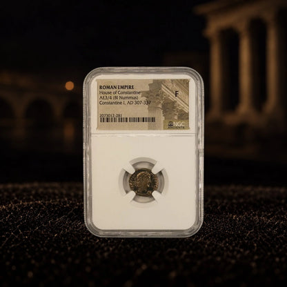 Constantine the Great Roman bronze coin (AD 306–337), NGC F grade variant — representative product photograph, Kinzer Coins