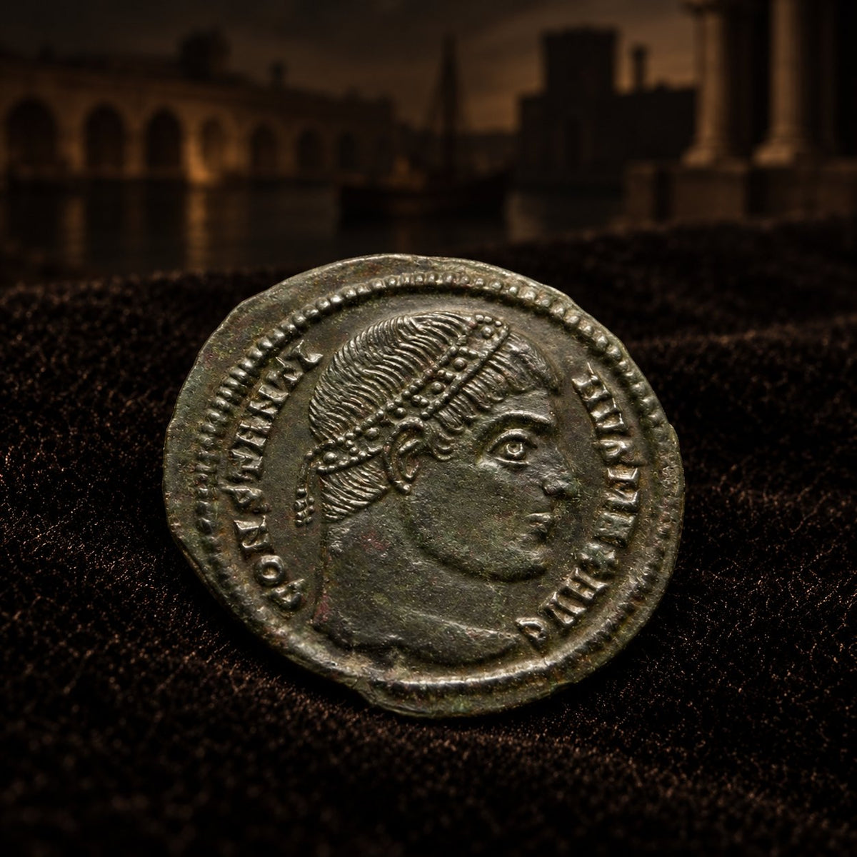 Representative Constantine the Great bronze obverse resting naturally on black velvet with a softly blurred illustrative Roman harbor — Kinzer Coins