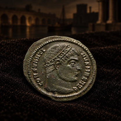 Representative Constantine the Great bronze obverse resting naturally on black velvet with a softly blurred illustrative Roman harbor — Kinzer Coins