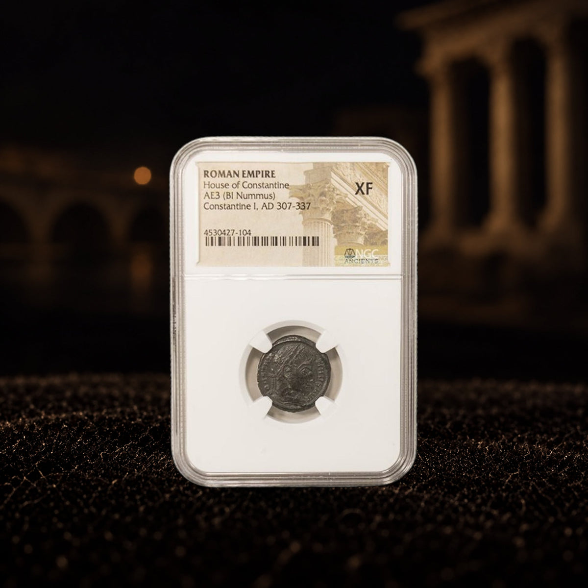Constantine the Great Roman bronze coin (AD 306–337), NGC XF grade variant — representative product photograph, Kinzer Coins