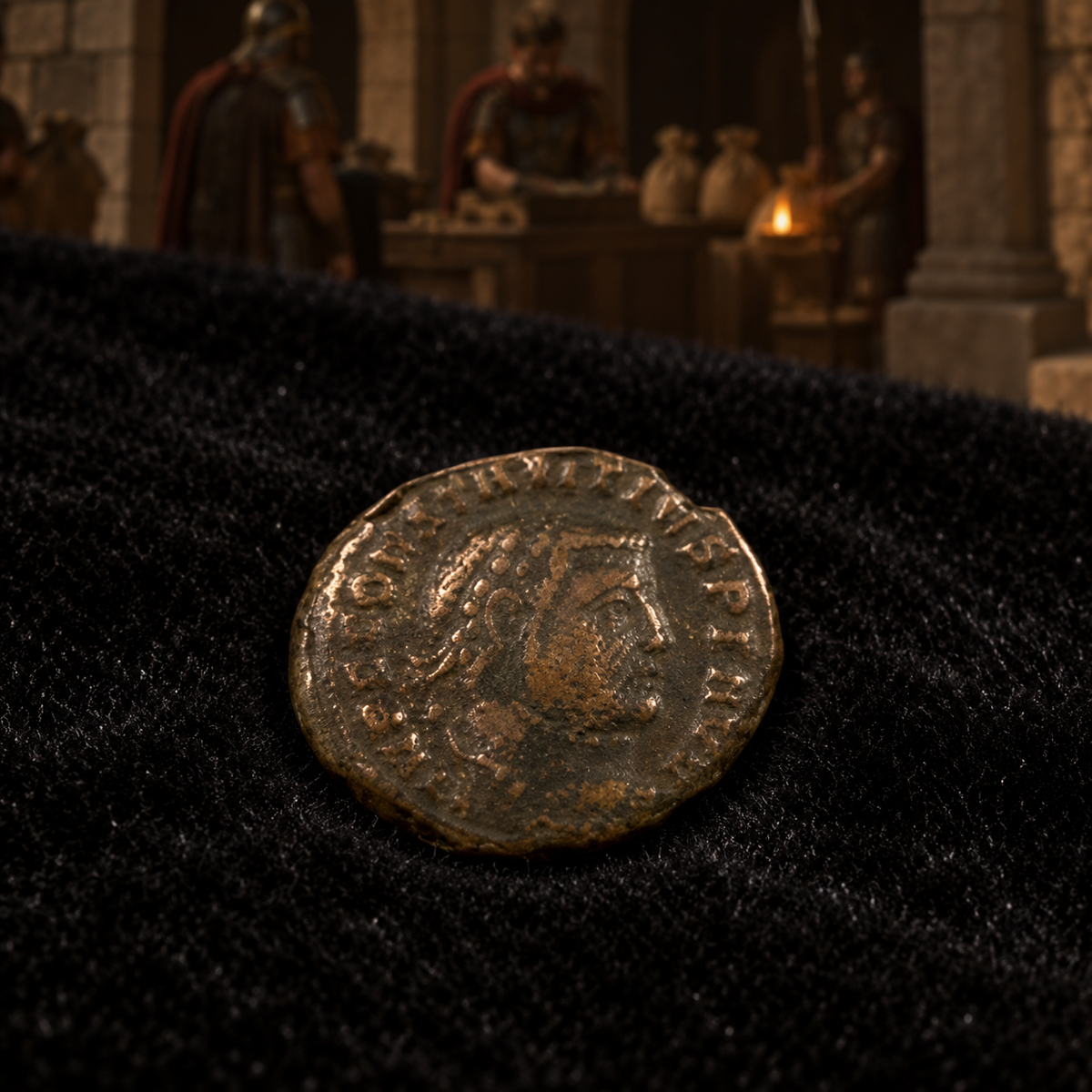 Representative constantius i quarter nummus bronze coin obverse on black velvet with an illustrative Roman historical background