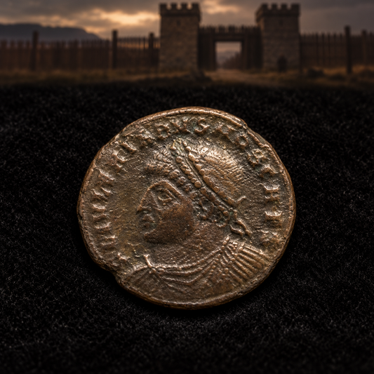 Representative crispus london bronze coin obverse on black velvet with an illustrative Roman historical background