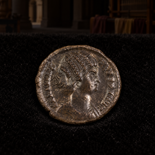 Representative Fausta coin obverse resting on black velvet with an illustrative Roman historical background