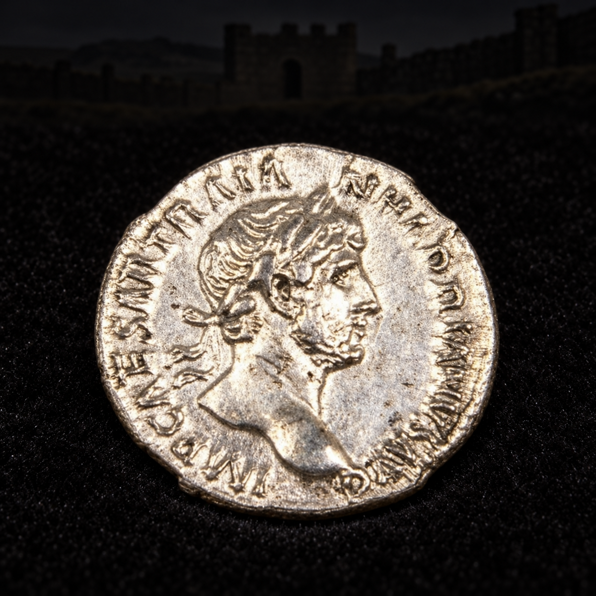 Representative Hadrian coin obverse resting on black velvet with an illustrative Roman historical background