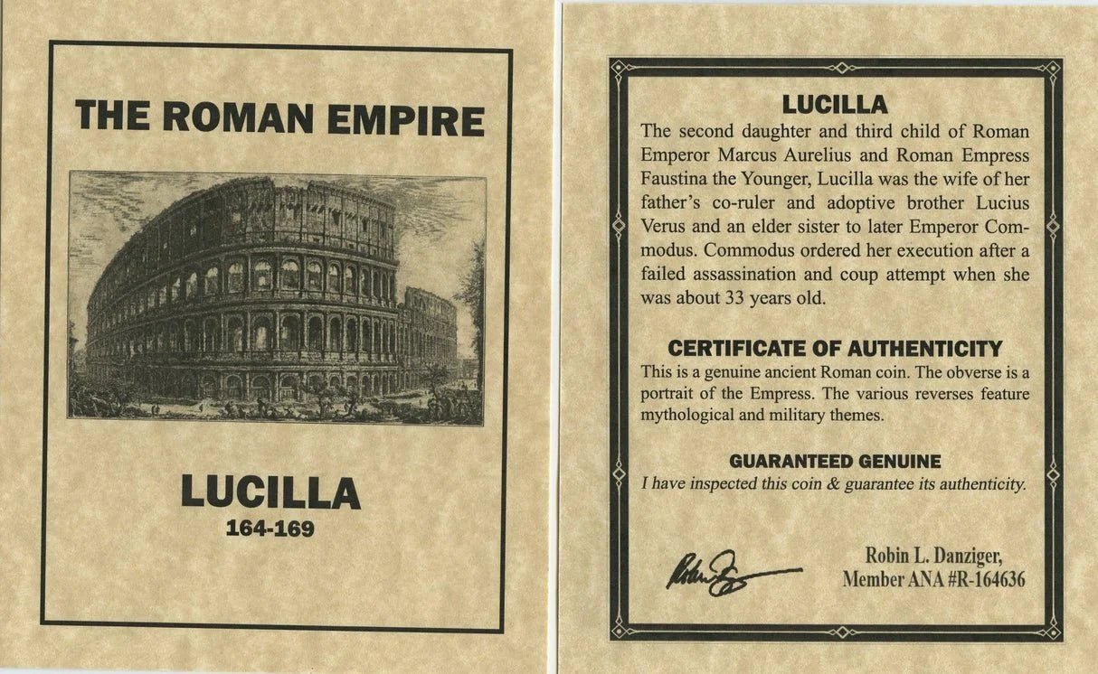 Roman Silver Denarius of Empress Lucilla — Daughter of Marcus Aurelius, from the Era that Inspired Gladiator - Kinzer Coins