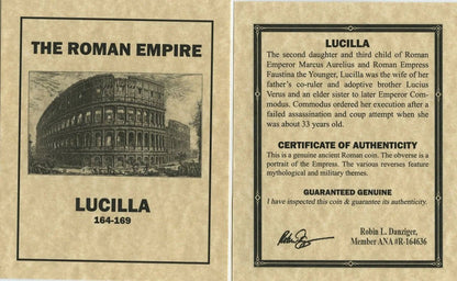 Roman Silver Denarius of Empress Lucilla — Daughter of Marcus Aurelius, from the Era that Inspired Gladiator - Kinzer Coins