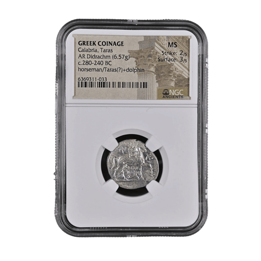 Taras (Calabria) AR Didrachm — Horseman & Dolphin, Magna Graecia at Its Height (c. 280–240 BC) - Kinzer Coins