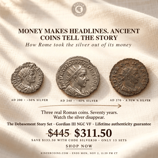The Debasement Story Set: How Rome Took the Silver Out of Its Money (Septimius Severus, Gordian III VF NGC, Claudius II) - Kinzer Coins